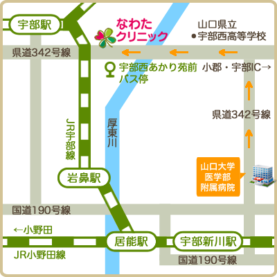 山口大学医学部附属病院方面からの地図
